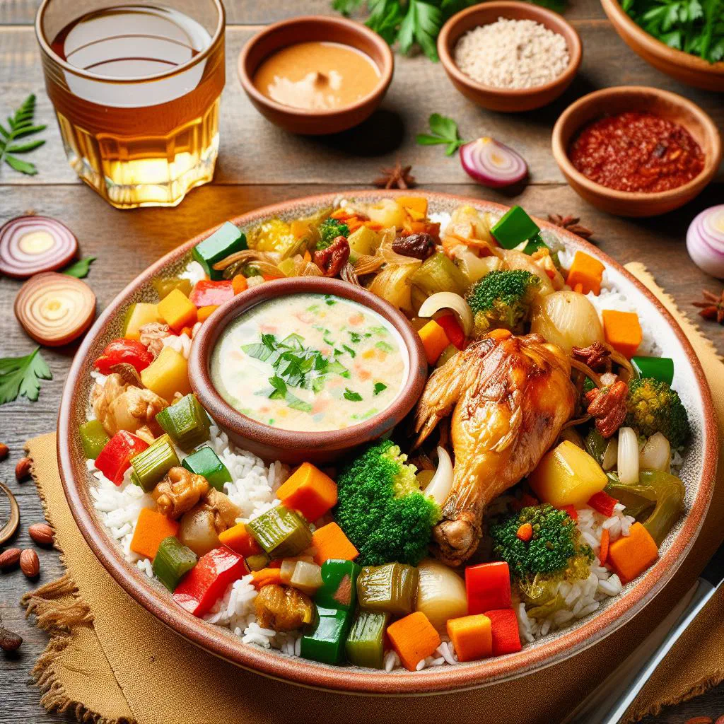 Spiced rice with fish, tomatoes and peppers served on a platter