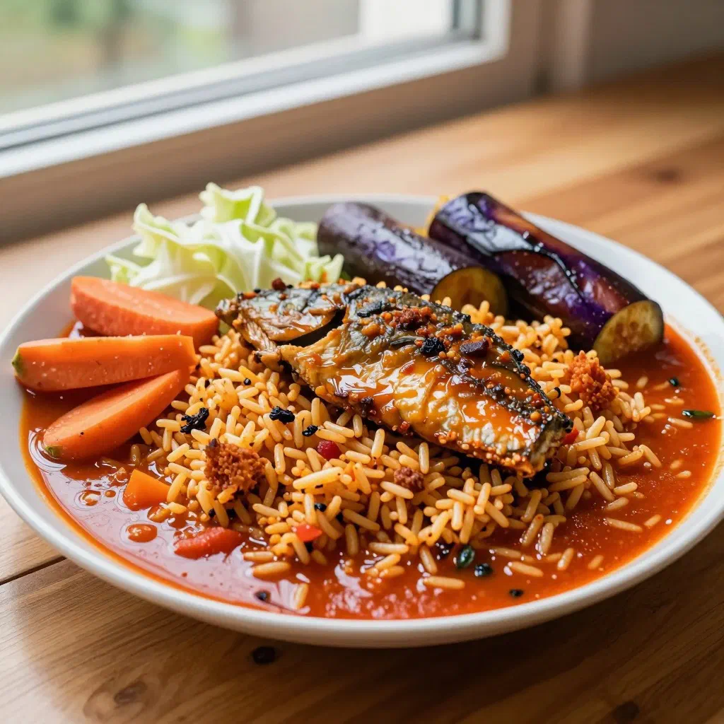 Spiced rice with fish, tomatoes and peppers served on a platter