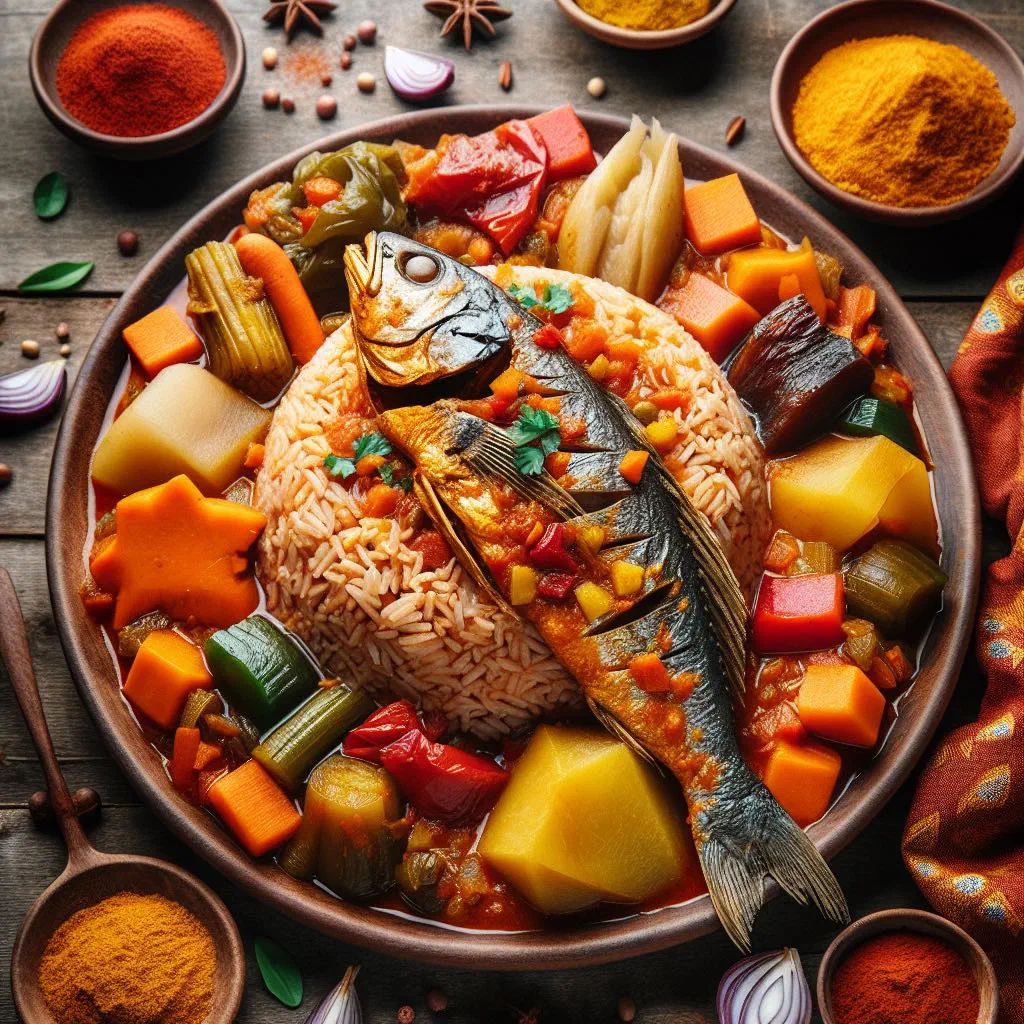 Grilled fish served on tomato rice with colourful vegetables