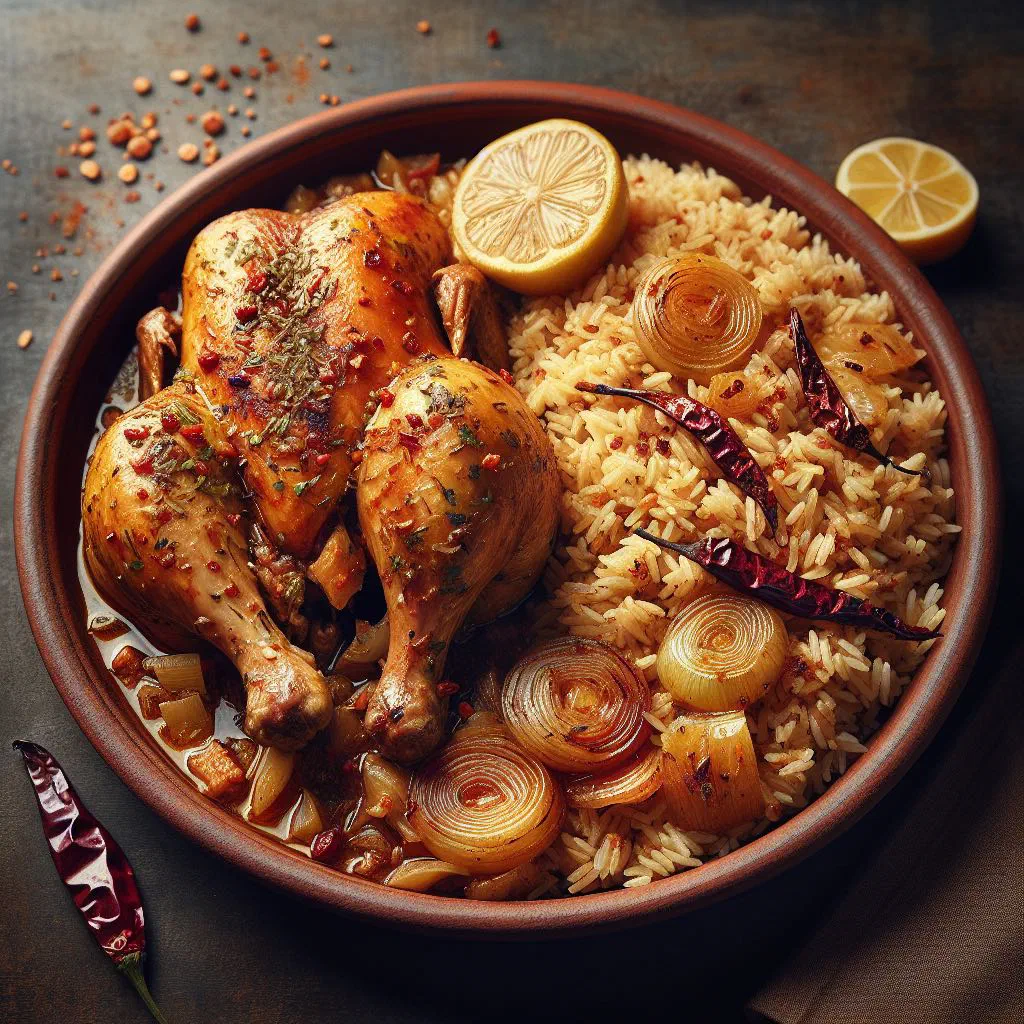 Yassa poulet with golden chicken in lemony onion sauce served with rice