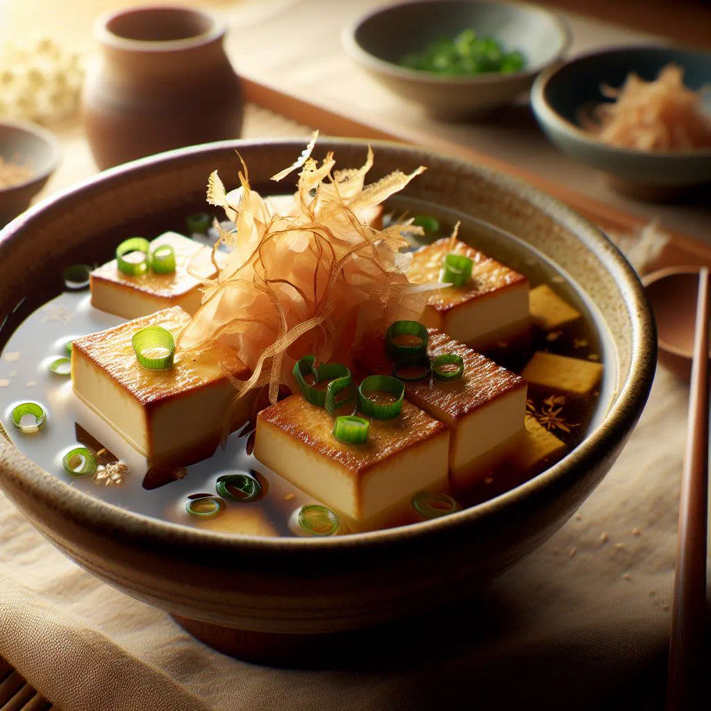 Crispy fried tofu cubes in dashi broth garnished with spring onions and grated daikon