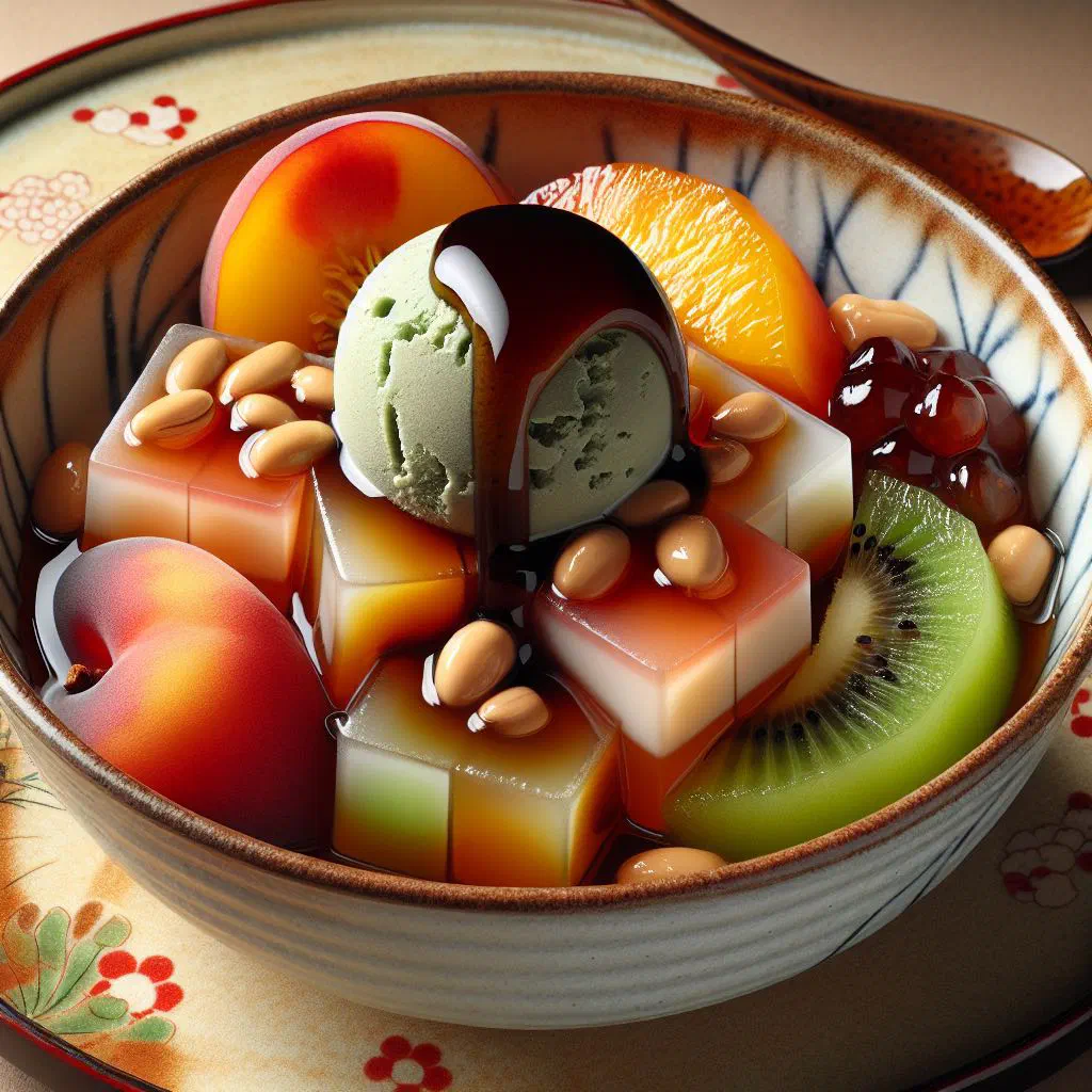Anmitsu dessert with agar jelly cubes, red bean paste and fresh fruit