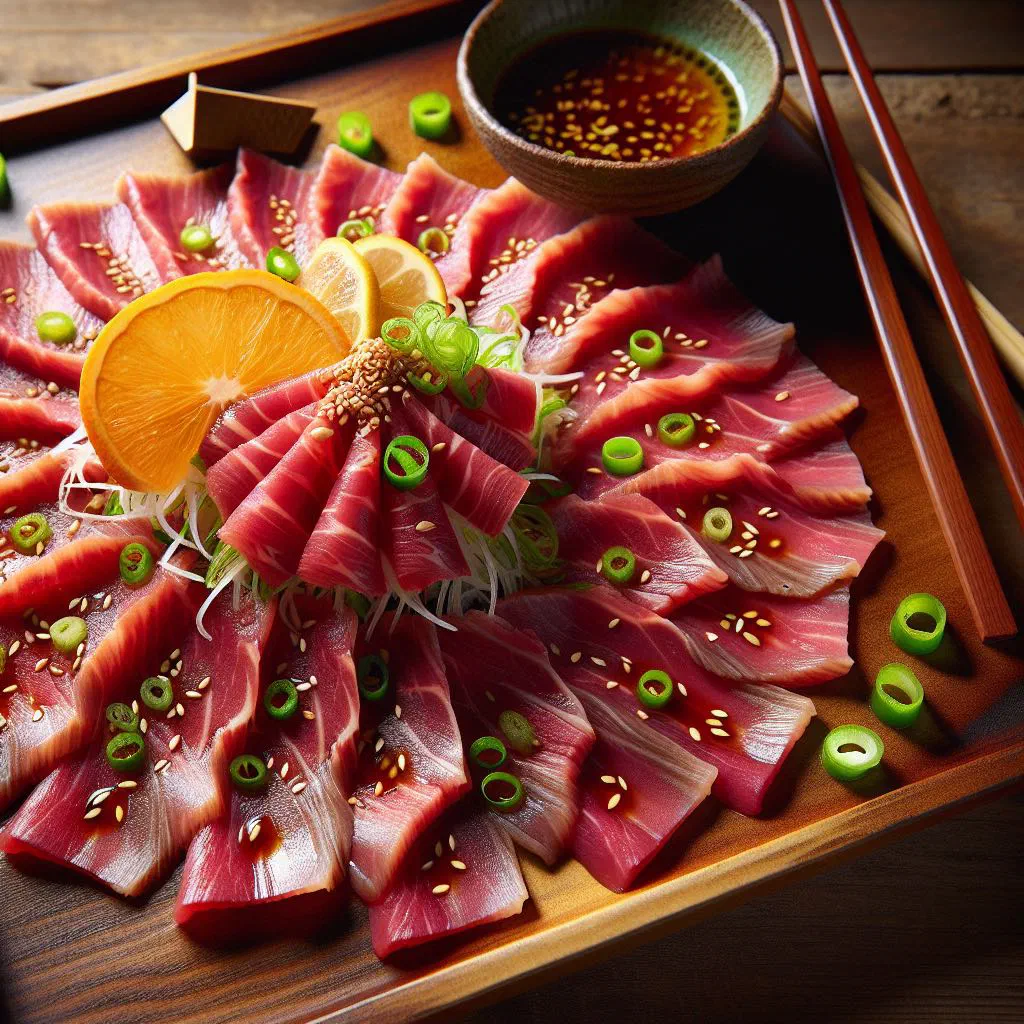 Thin slices of seared beef arranged on a plate with grated ginger and spring onions