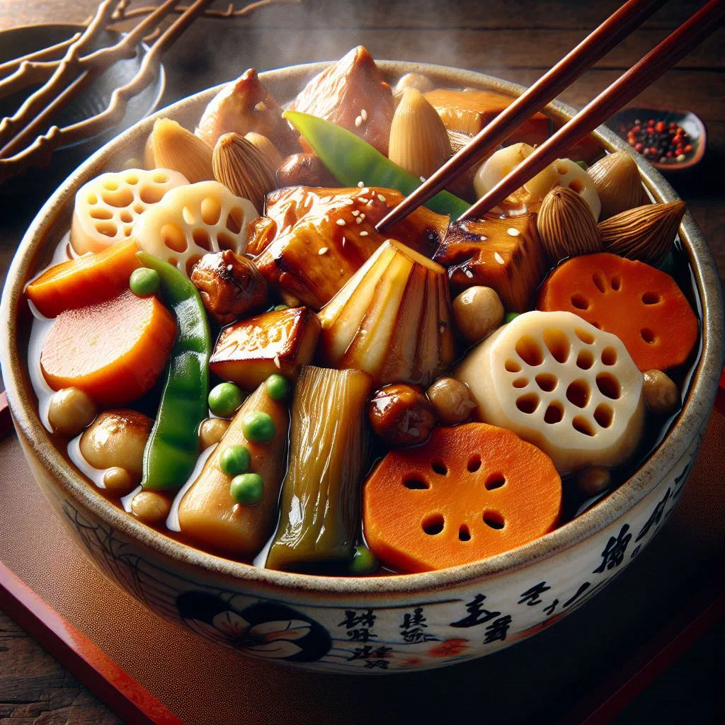 Chikuzenni chicken and vegetable stew garnished with fresh chives