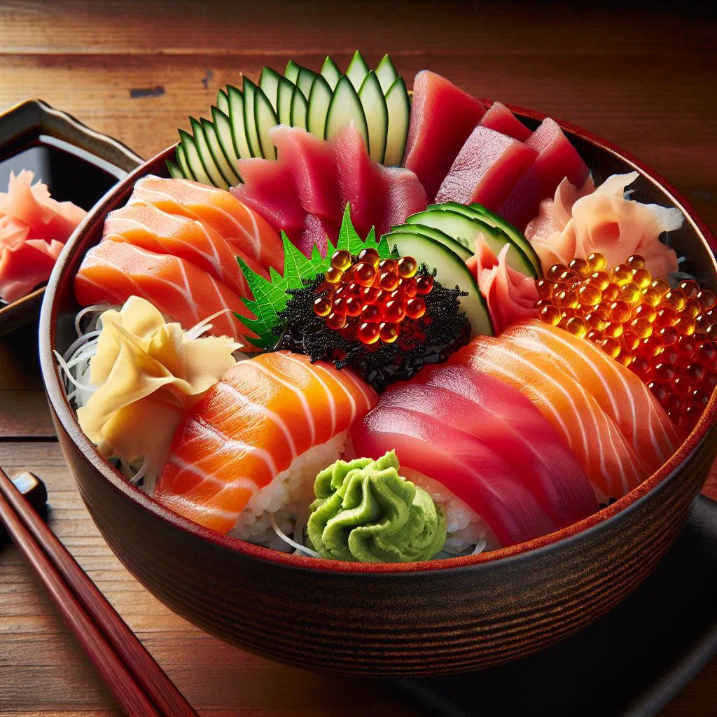 Chirashi sushi bowl with sliced salmon, avocado and vegetables on seasoned rice