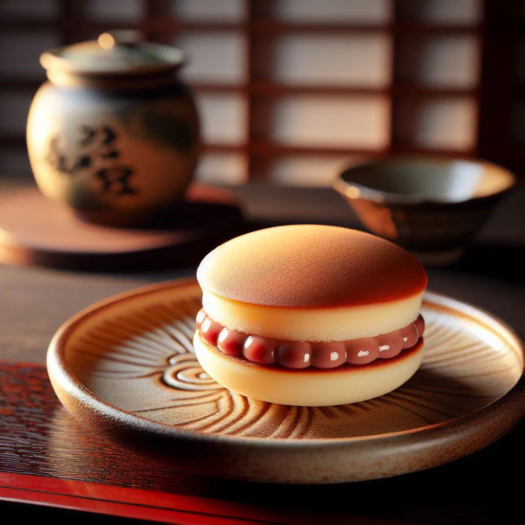 Two fluffy dorayaki pancakes filled with sweet red bean paste