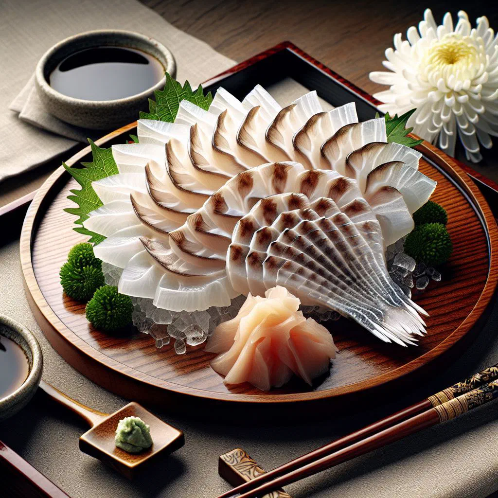 Thin slices of fugu pufferfish arranged in a fan on a plate with wasabi and soy sauce