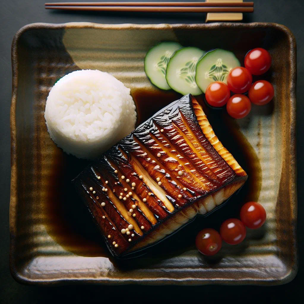 Grilled black cod glazed with sweet Saikyo miso on a ceramic plate