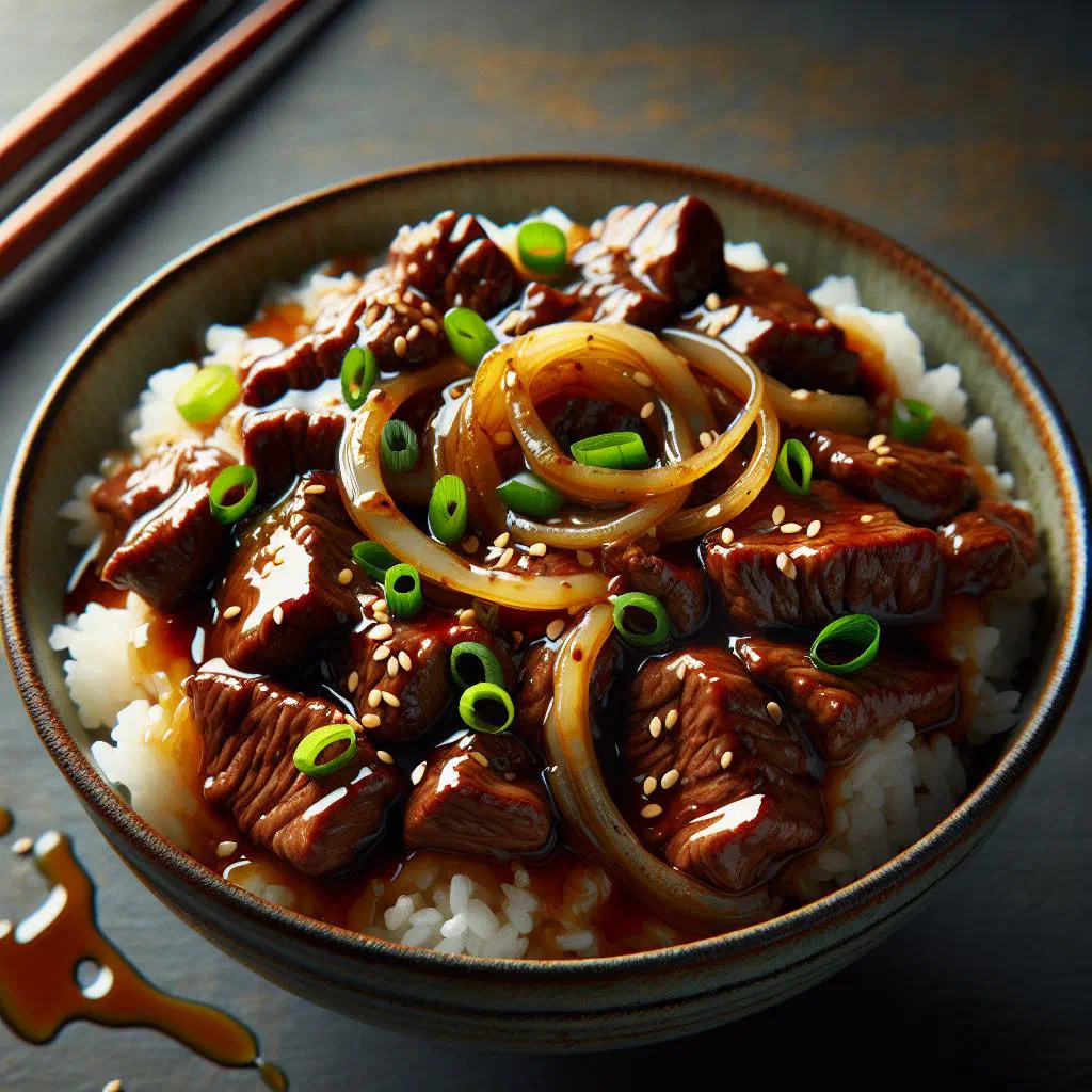 Gyudon beef bowl with sliced onions and spring onions over steamed rice