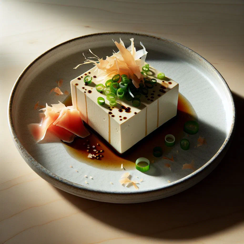 Chilled silken tofu topped with spring onions, grated ginger and soy sauce