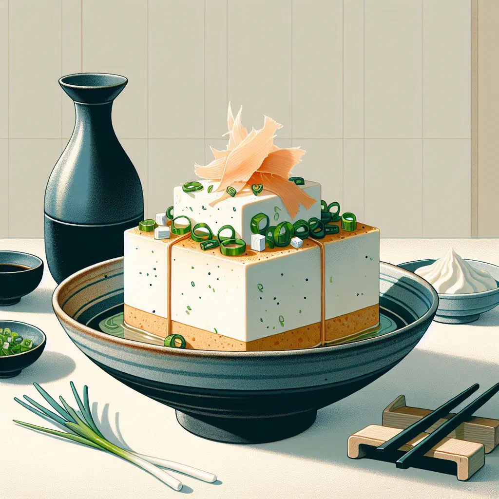 Chilled silken tofu topped with spring onions, ginger and soy sauce