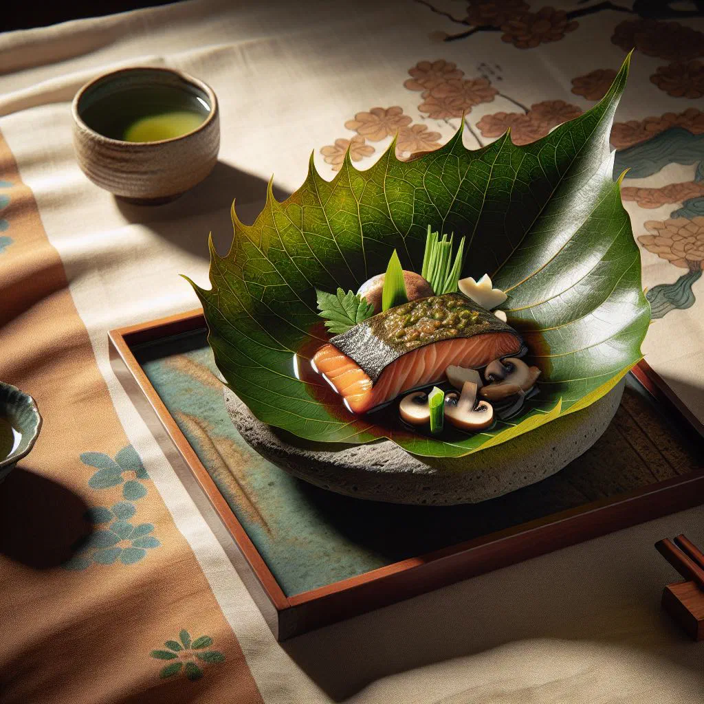 Hōba miso with grilled vegetables on a charred magnolia leaf