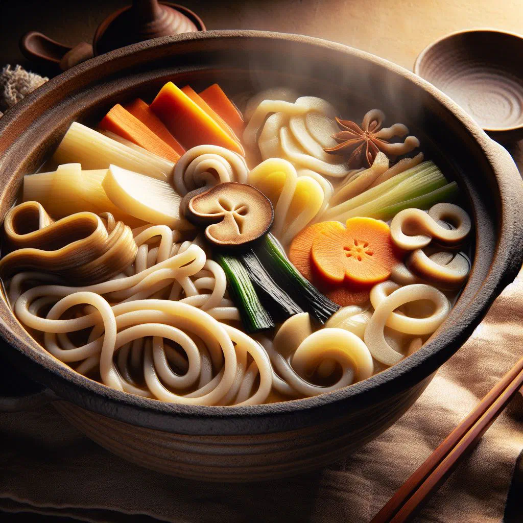Steaming bowl of hōtō nabe with thick udon noodles and vegetables in broth