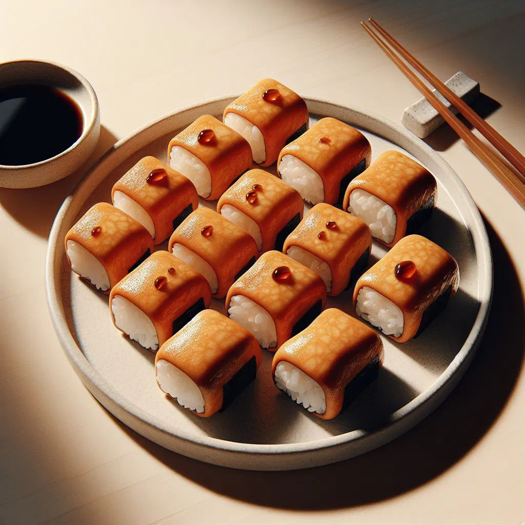 Inari sushi pockets of seasoned rice in sweet fried tofu, sprinkled with sesame