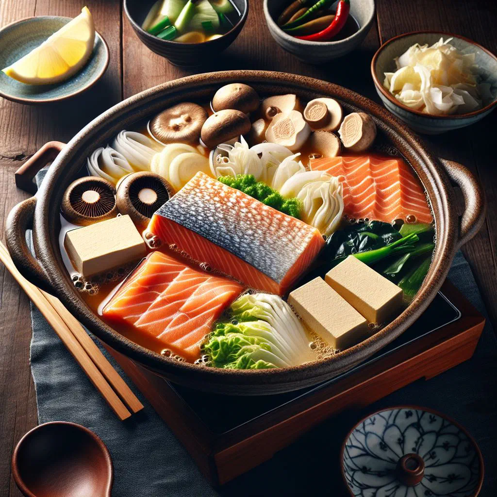 Ishikari nabe salmon hotpot with vegetables and tofu in dashi broth