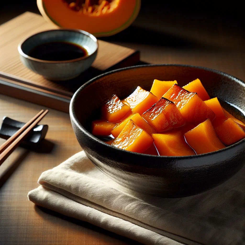 Simmered kabocha pumpkin pieces in a dark glaze garnished with ginger