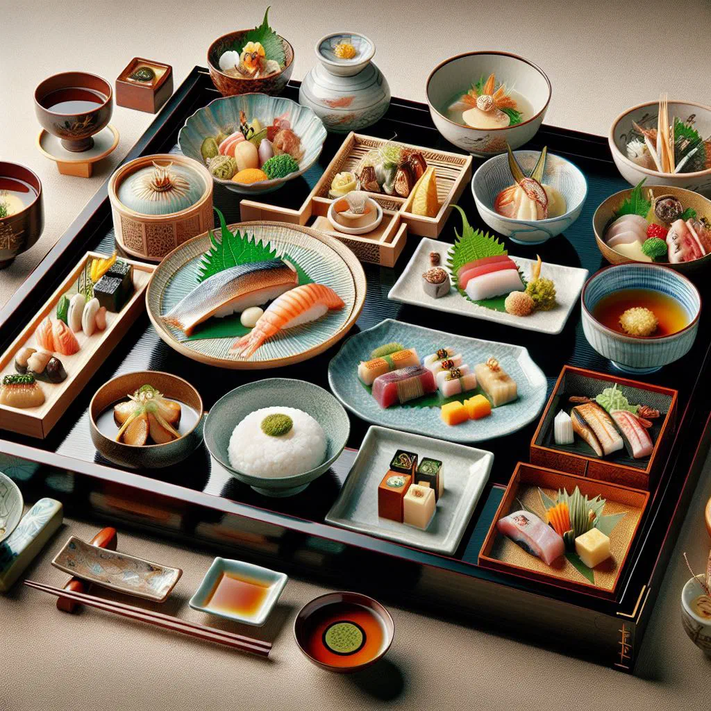 An artful kaiseki ryori spread of small seasonal dishes on traditional Japanese tableware