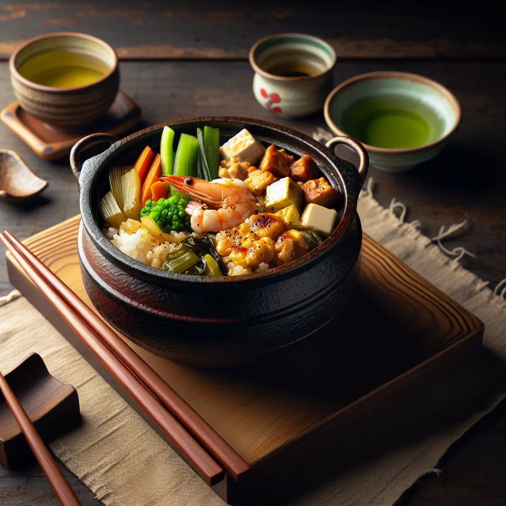 Kamameshi served in a traditional clay pot with rice, vegetables and herbs