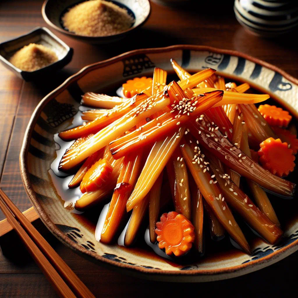 Kinpira gobo with shredded burdock and carrot topped with sesame seeds