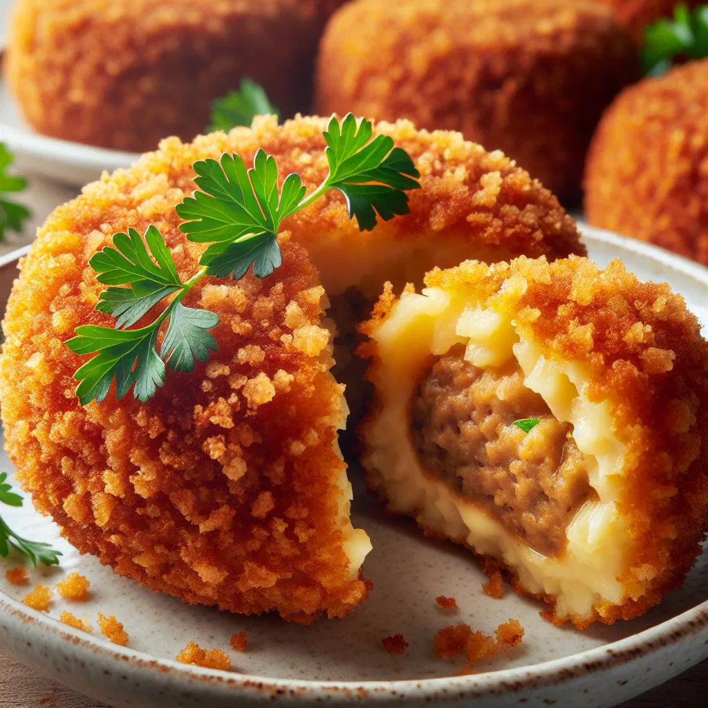 Golden, crisp Japanese korokke potato croquettes on a plate