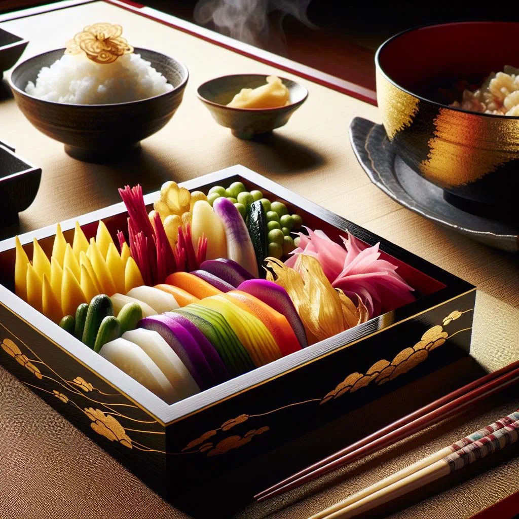 Colourful Kyoto-style pickled daikon, carrot and cucumber in a small bowl