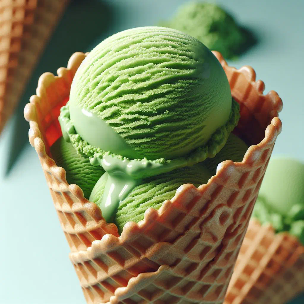 Scoops of vibrant green matcha ice cream in a bowl