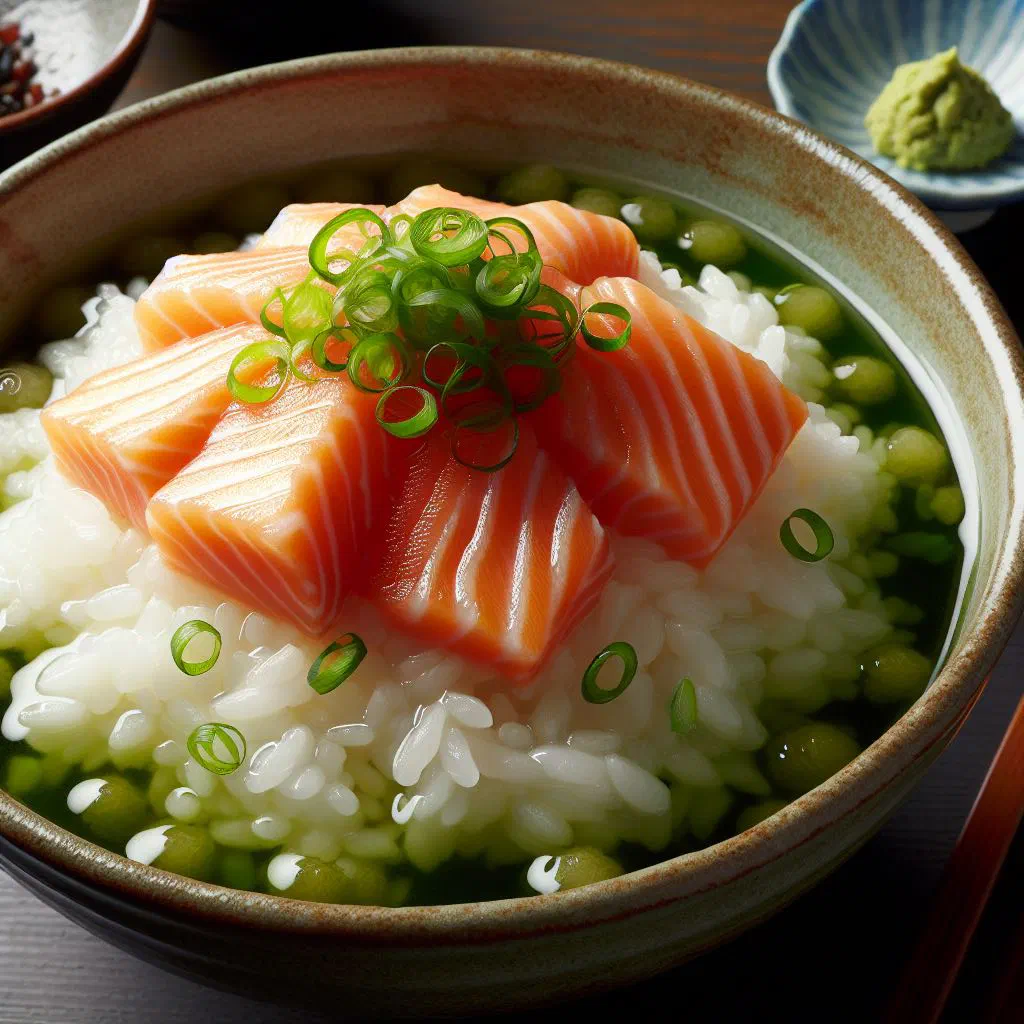 Bowl of ochazuke with salmon, spring onion and nori over rice in green tea