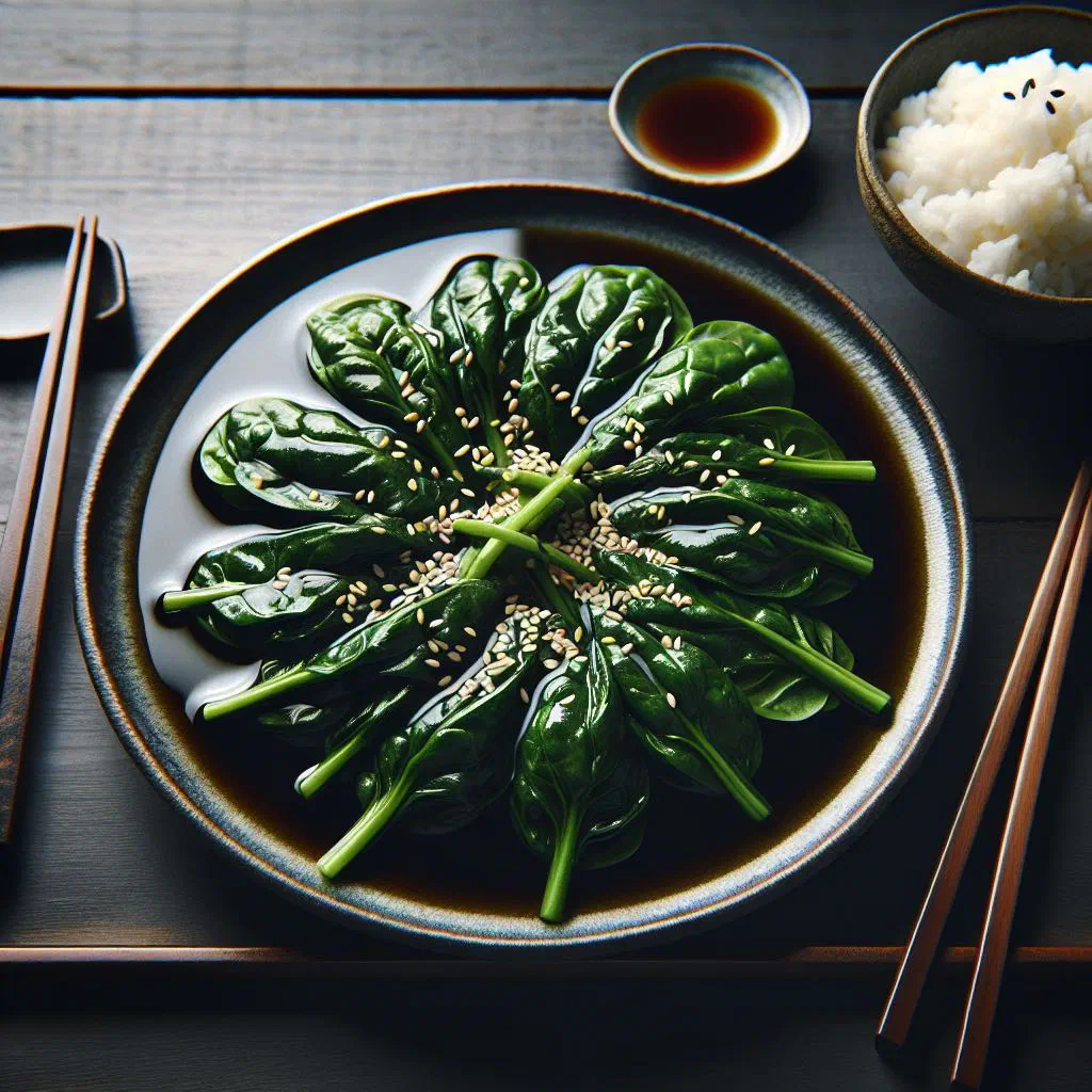 Blanched spinach ohitashi dressed in soy sauce and topped with toasted sesame seeds