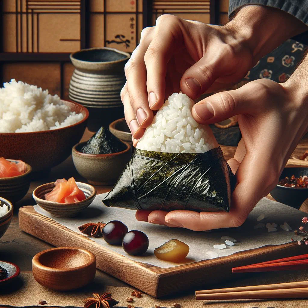 Triangular onigiri rice balls wrapped in nori seaweed
