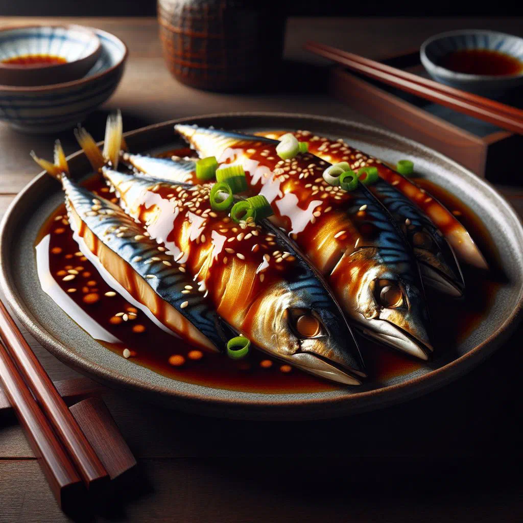 Grilled mackerel fillets glazed with miso sauce, served with rice