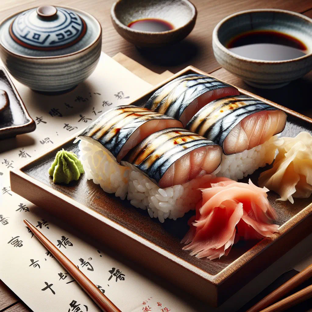Pressed saba-zushi slices of marinated mackerel over vinegared rice