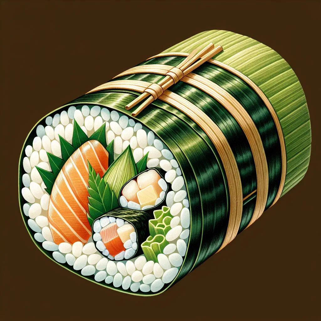 Sasamaki zushi rolls sliced and served with wasabi and soy sauce
