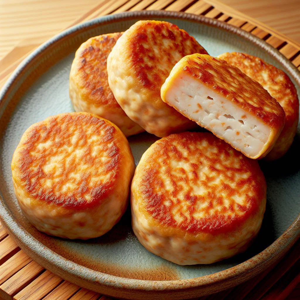 Golden deep-fried Japanese satsumaage fish cakes on a plate