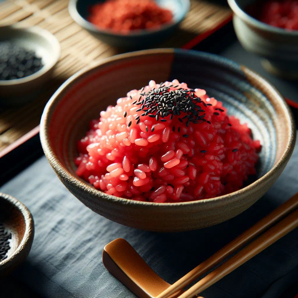 Bowl of sekihan, Japanese sticky red rice with adzuki beans and sesame