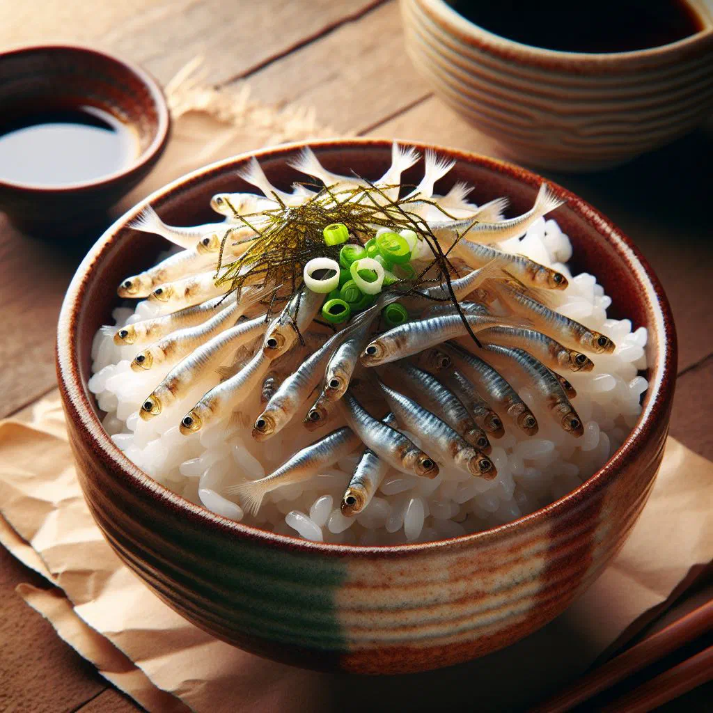 Shirasu don with fresh whitebait over steaming rice, garnished with nori and spring onions
