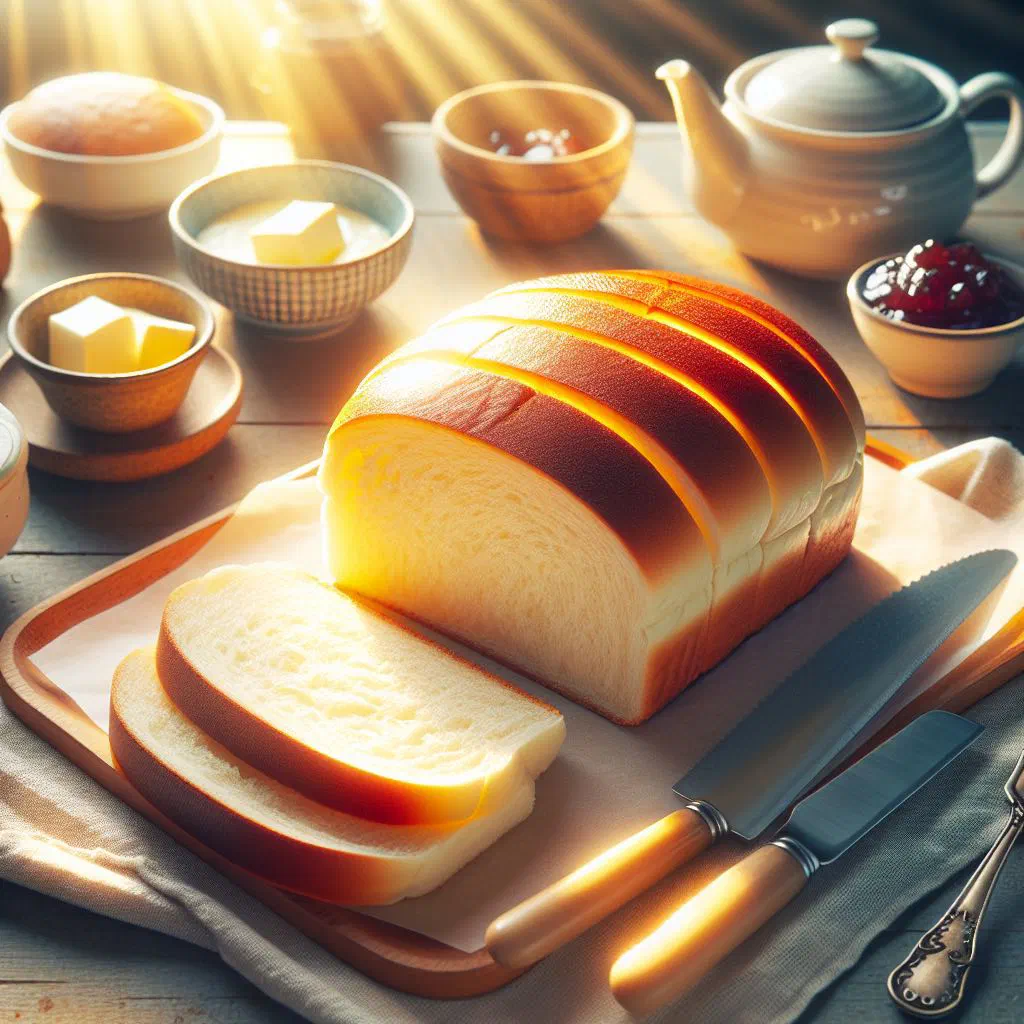 A golden, fluffy loaf of Japanese shokupan milk bread, sliced