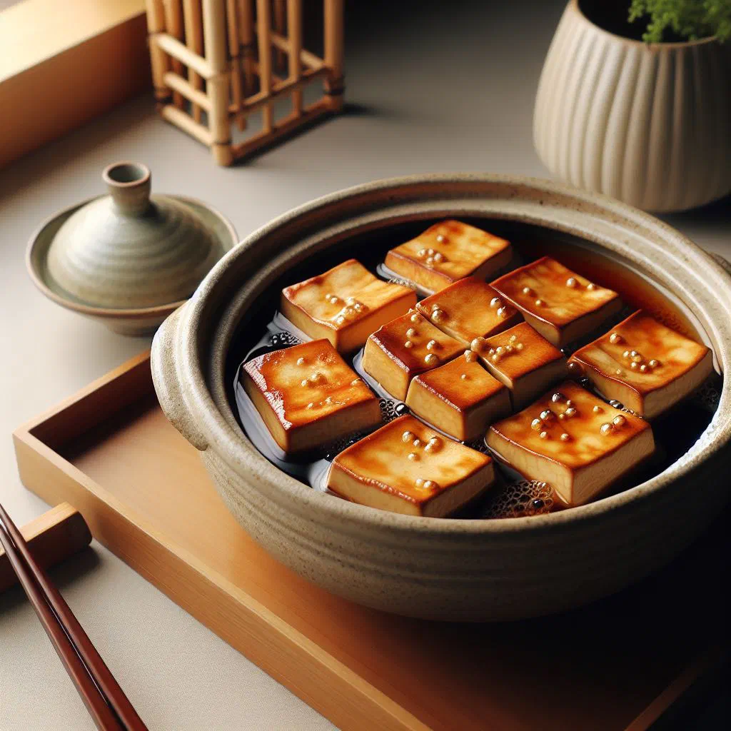 Simmered aburaage tofu pouches in a savoury broth garnished with spring onions