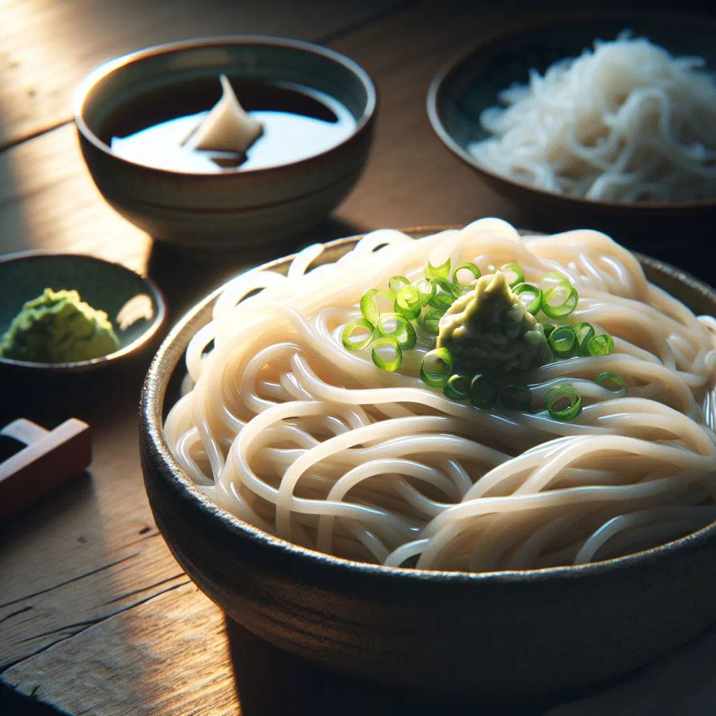 Chilled sōmen noodles served with dipping sauce and fresh garnishes