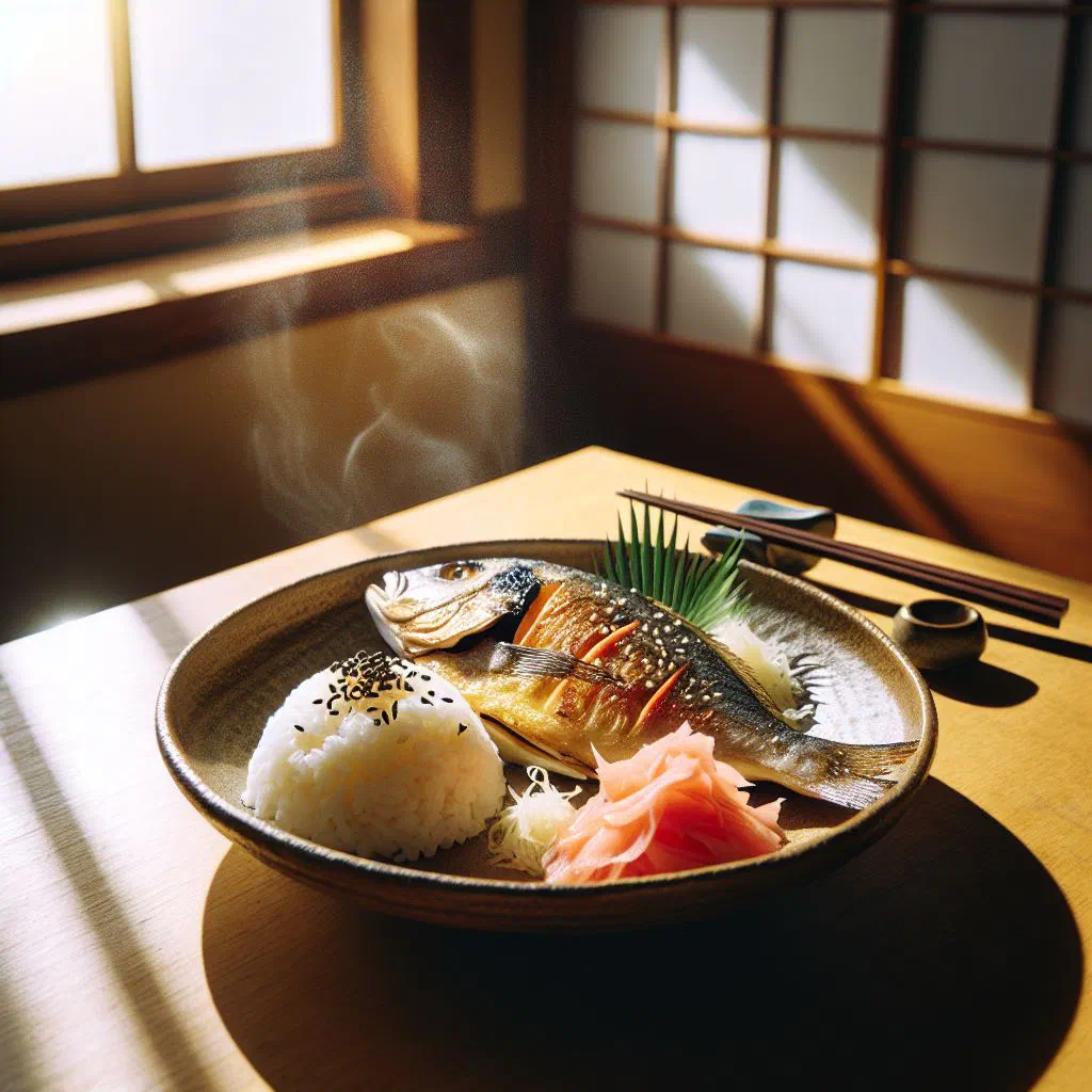 Tai meshi with red snapper over steamed rice, garnished with ginger and spring onions