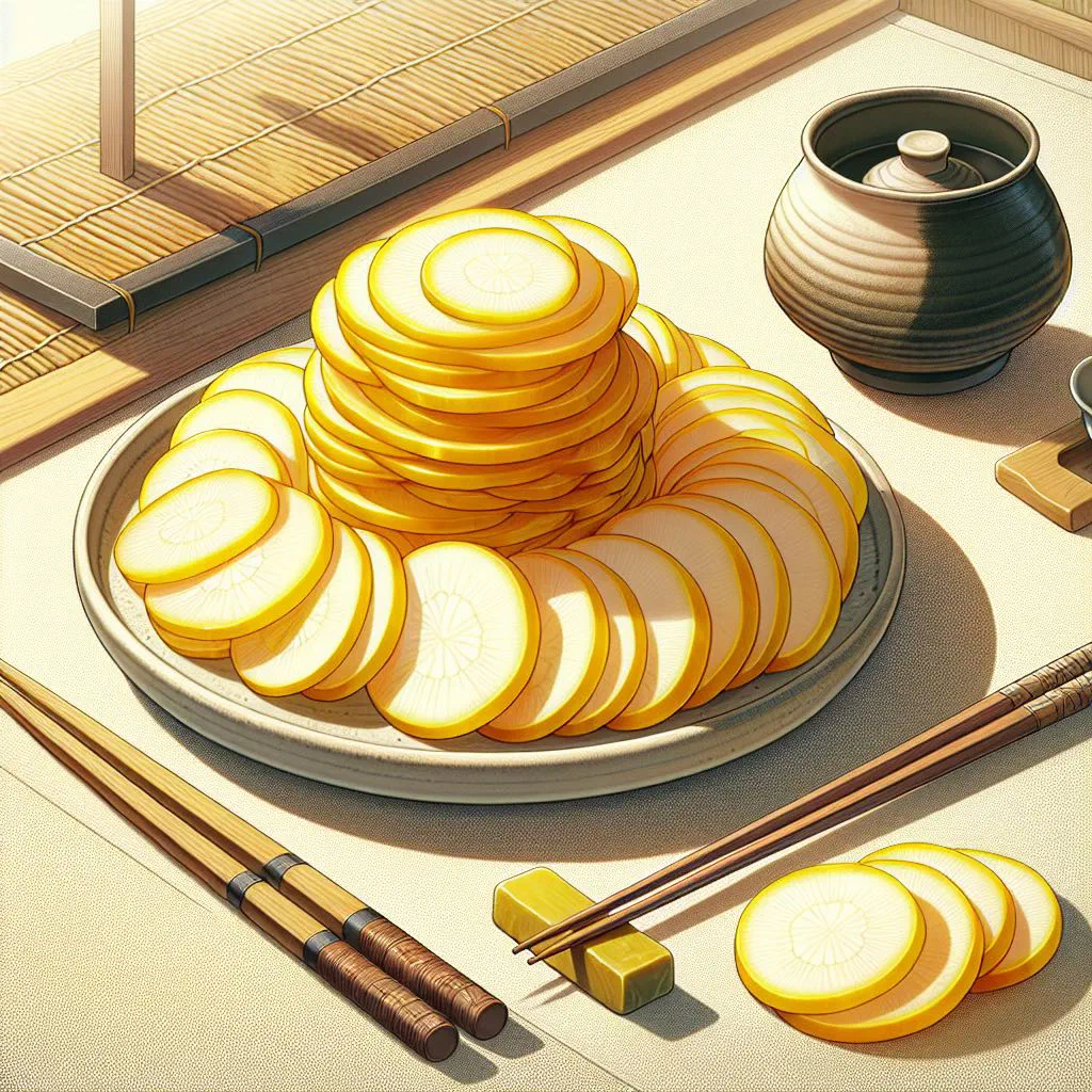 Bright yellow takuan pickled daikon, sliced and arranged on a plate
