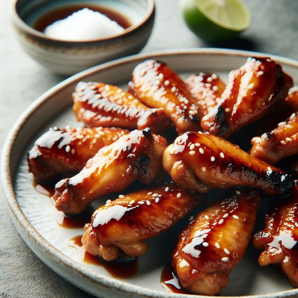 Crispy glazed Japanese tebasaki chicken wings sprinkled with sesame seeds