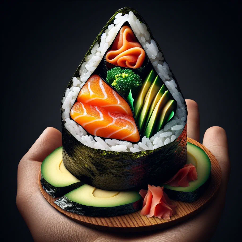 Hand-rolled temaki sushi cones filled with fish, avocado and cucumber