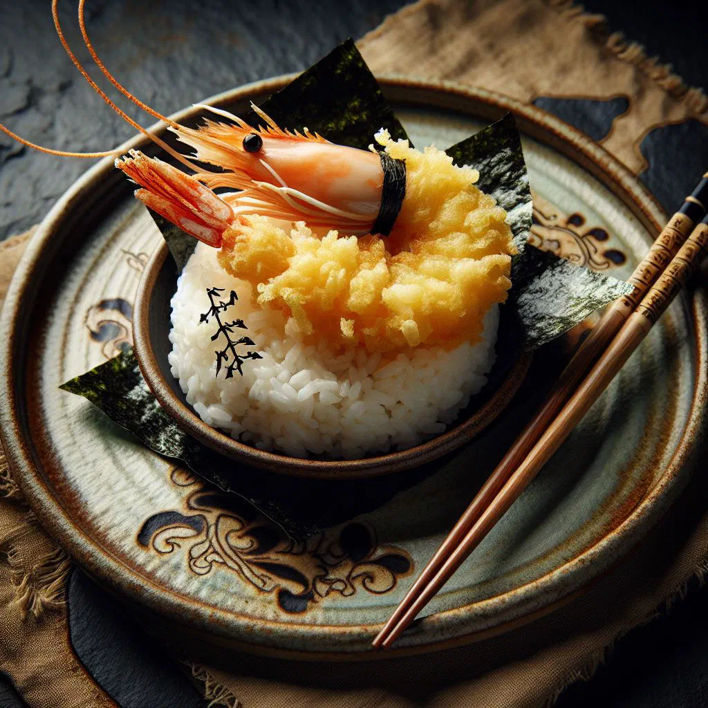 Tenmusu rice balls filled with crispy prawn tempura, wrapped in nori