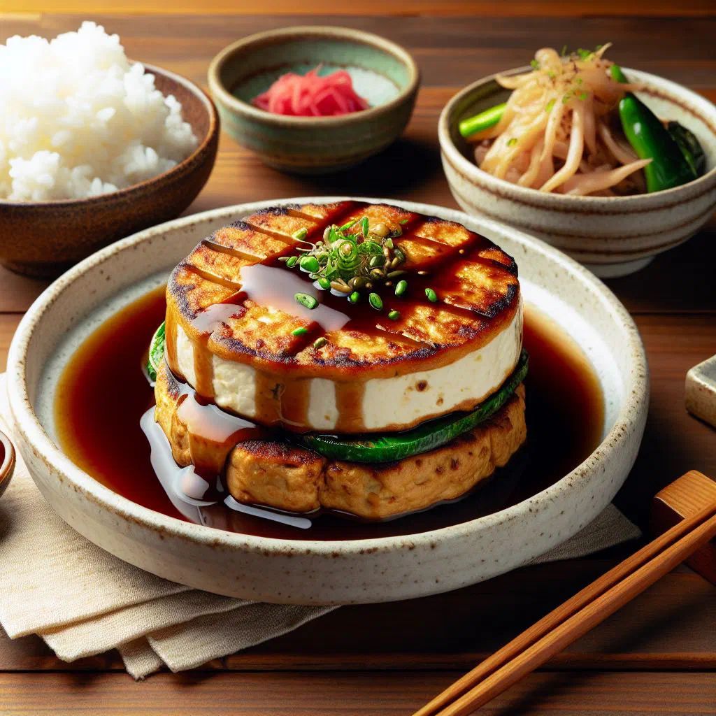 Pan-fried tofu hambāgu patties garnished with fresh herbs