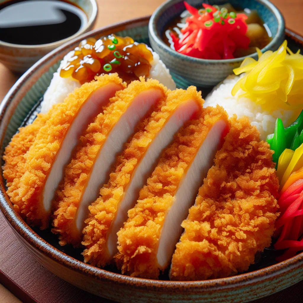 Sliced torikatsu in crispy panko coating with rice and shredded cabbage