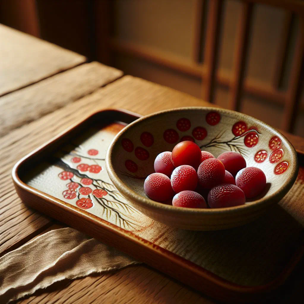 Salty pickled umeboshi plums in a small Japanese dish
