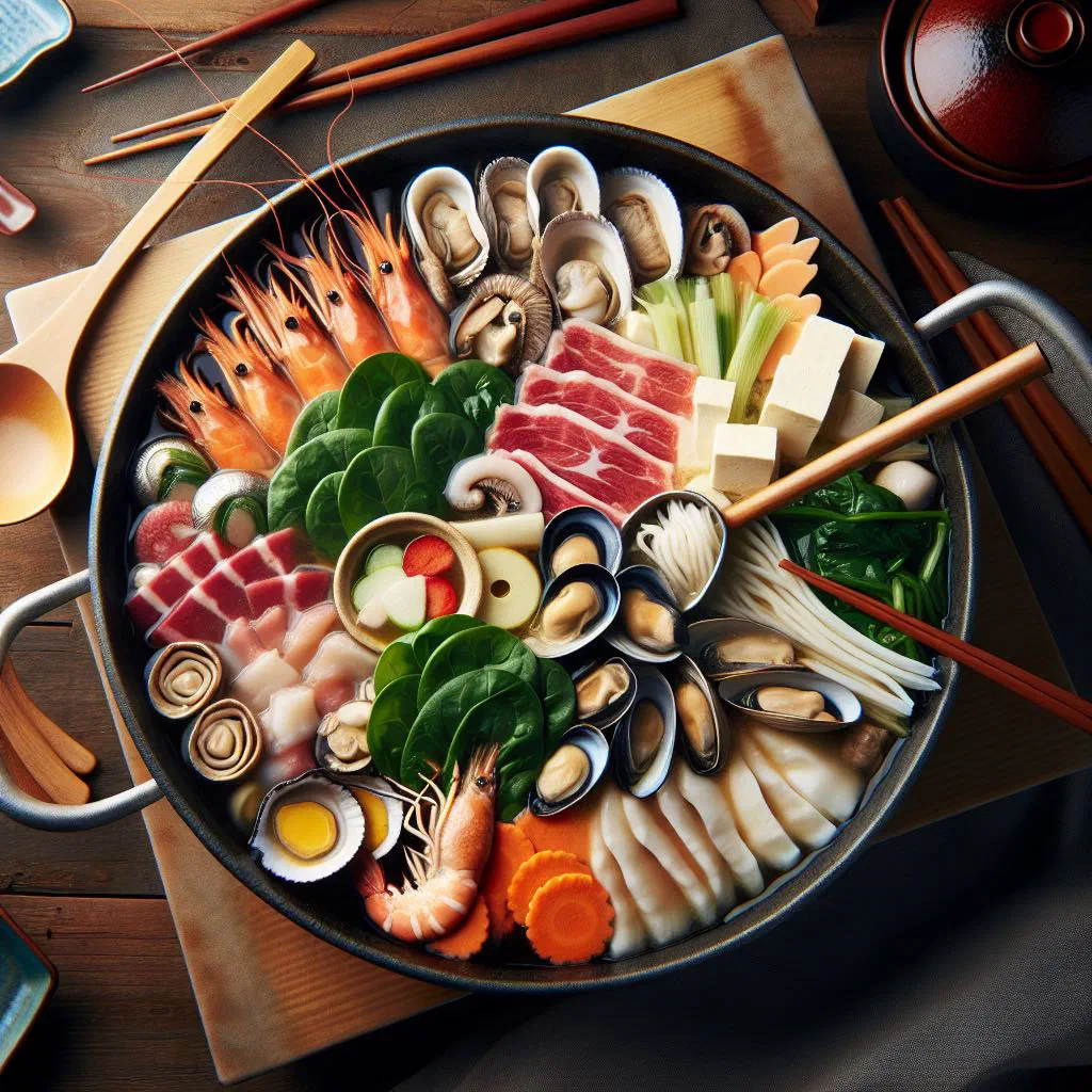Steaming yosenabe hot pot with meat, tofu, mushrooms and vegetables in broth