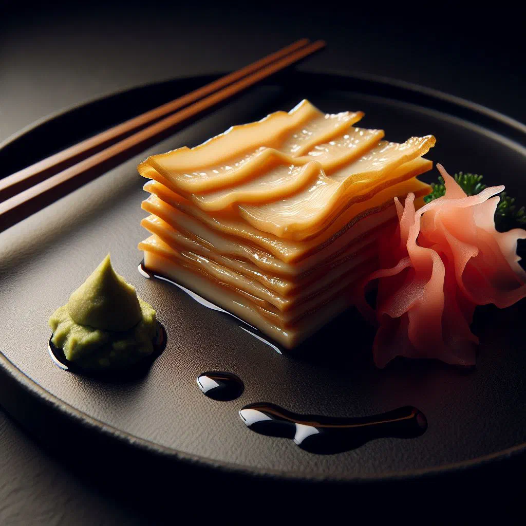 Delicate folds of fresh yuba tofu skin served with soy sauce, wasabi and ginger