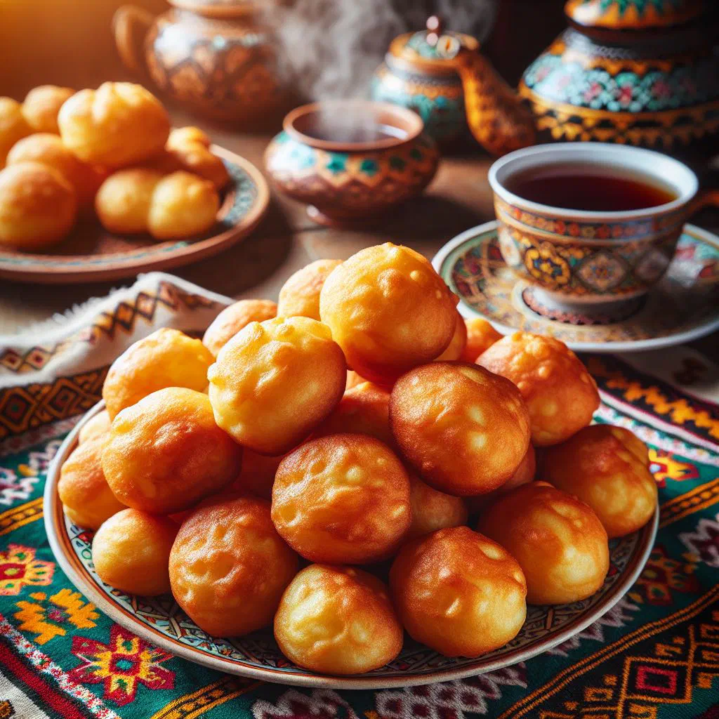 Golden fried baursak dough balls piled on a plate
