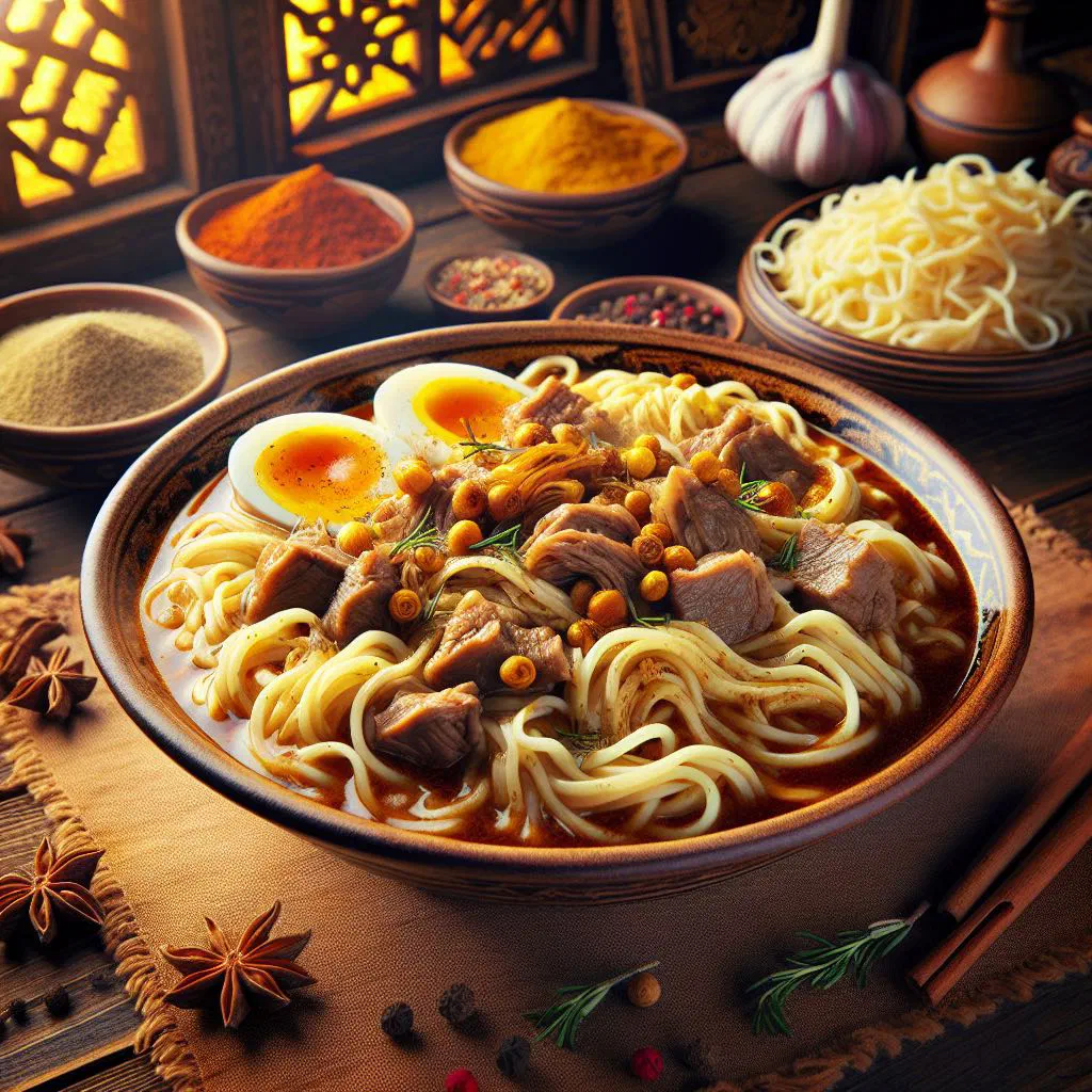 Beshbarmak with tender meat, wide noodles and onions on a large platter